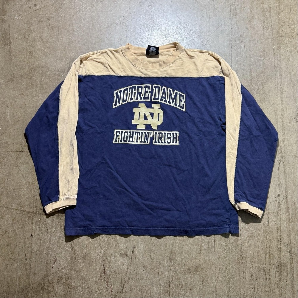 Notre Dame Fighting Irish Shirt Mens XL Blue Tan NCAA Football Long Sleeve